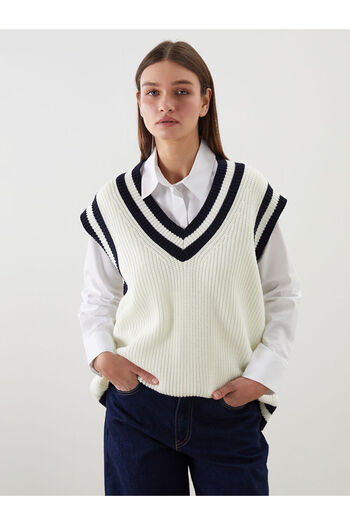 LC Waikiki Lcw Modest Ecru V-Neck Women's Knitwear Sweater W5Bf35Z8