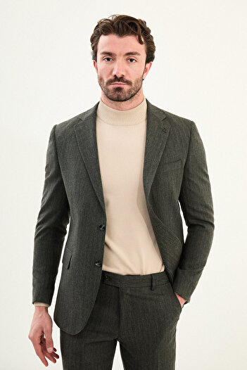 Mcr Patterned Slim Fit Mono Collar Wool Men's Suit Khaki - 45429.25K