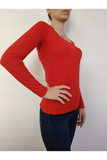 moda felinya Women's Red Square Neck Long Sleeve Bodysuit