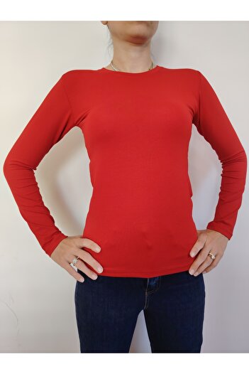 moda felinya Women's Red Crew Neck Long Sleeve Body