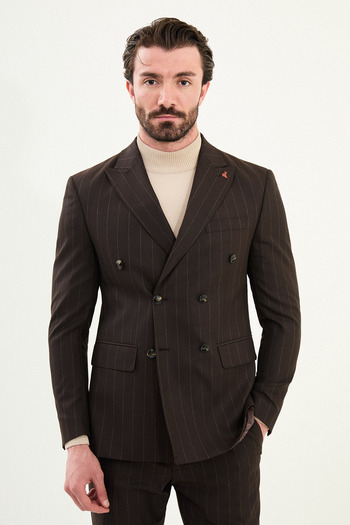 Mcr Striped Slim Fit Wide Lapel Double Breasted Men's Suit Coffee - 45426.25K