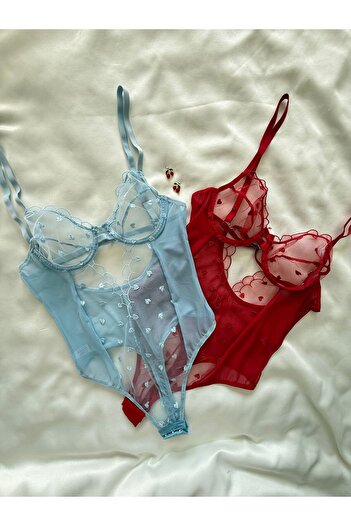 İNKO İÇ GİYİM Heart Patterned 2-Piece Underwire Transparent Bodysuit with Six Snaps