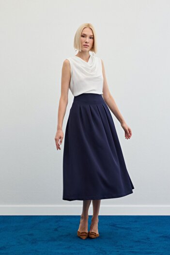 Sateen Pleated Midi Skirt - Navy Blue