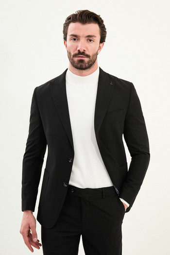 Mcr Striped Slim Fit Bag Pocket Wide Lapel Bag Pocket Men's Suit Black - 45407.25K