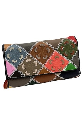 Micutz Portofel Dama din Piele Naturala cu Flori Multicolore, 19x10x3.5 cm