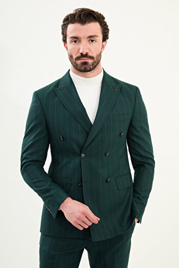 Mcr Striped Slim Fit Wide Collar Double Breasted Men's Suit Emerald - 45426.25K