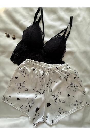 İNKO İÇ GİYİM Bustier Lace Detailed Satin Shorts Set