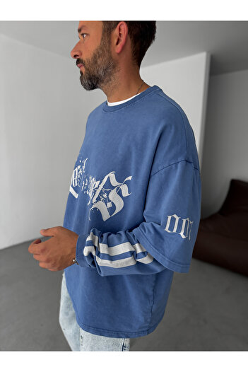BYBASICMAN Lacivert Yıkamalı Baskılı Parçalı Sweatshirt JJ-114