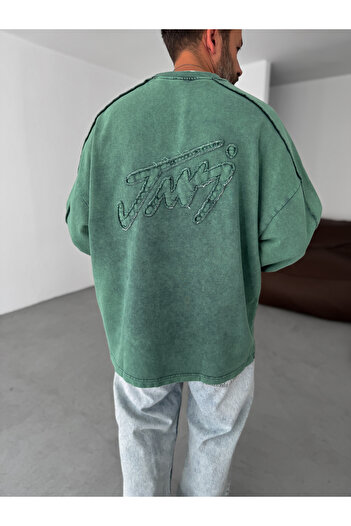 BYBASICMAN Yeşil Dikiş Detaylı Yıkamalı Sweatshirt JJ-113