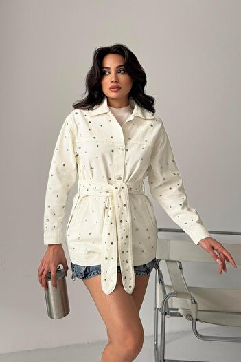 Serica Moda Ecru Studded Belted Denim Jacket