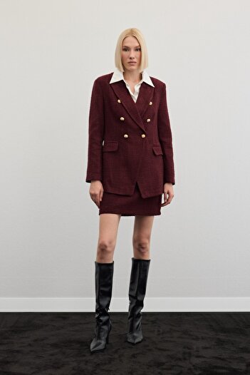 Sateen Button Detailed Tweed Jacket - Burgundy