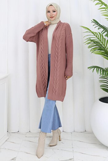 hafsamina Knitted Pattern Araboy Knitwear Cardigan Dusty Rose Hm2837
