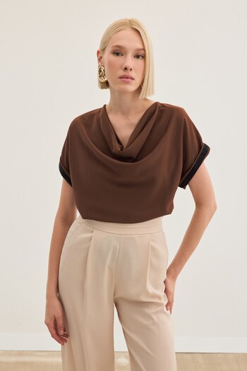 Sateen Sleeve Stone Detailed Casual Blouse - Brown