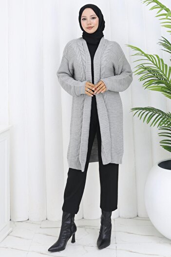 hafsamina Knitted Pattern Araboy Knitwear Cardigan Gray Hm2837
