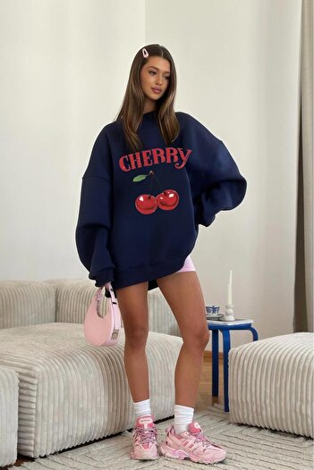 NO 601 Women's Navy Blue Crew Neck Cherry Printed Crew Neck Sweatshirt