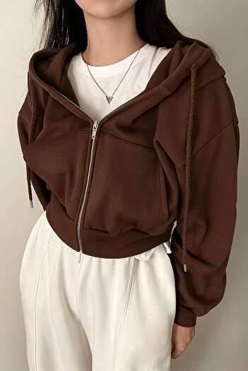 Karakedi Brown Crop Top Thick Fabric Hooded Unisex Cardigan
