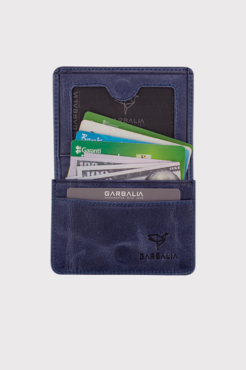 Garbalia Magnet Crazy Leather Navy Blue Unisex Card Holder Wallet