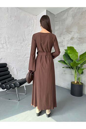 Elif Özbey Butik Kahverengi Maxi Kemerli Süet Elbise