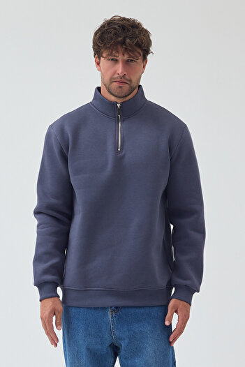 VEK Half Zipper Stand Collar Regular Comfortable Fit Sweatshirt 3 Thread Raised