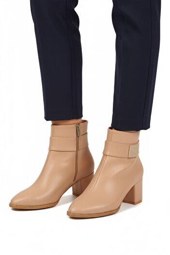 AYAKMOD Beige Slim Fit Stretch Ankle Length Pointed Toe Fleece Lined Heeled Women's Boots 262326 Z
