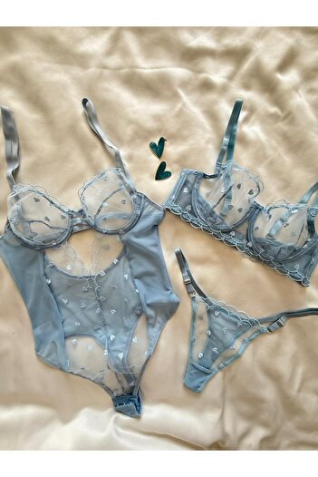 İNKO İÇ GİYİM Underwire Cupless Tulle Detailed Heart Patterned Bra Set & Bodysuit (Bra Thong)
