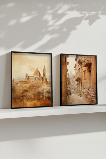 STARYUNA Black Wooden Framed Florence Cathedral and Old Italian Street Double Painting Set Yuna435