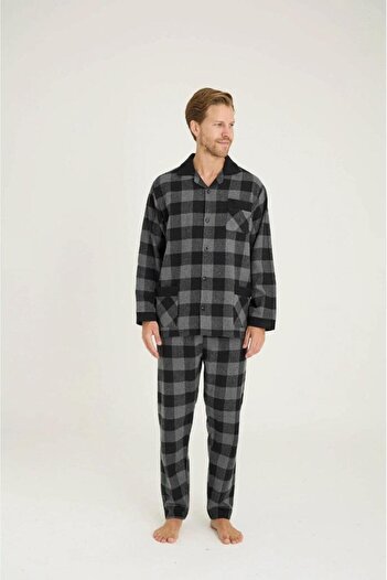 KLY PİJAMA Kly 4038 men's plaid cotton flannel long sleeve button down pocket pajama set