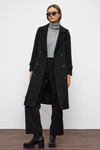 Olcay Waist-Tied Double-Breasted Mid-Length Coat Black 3987-Y