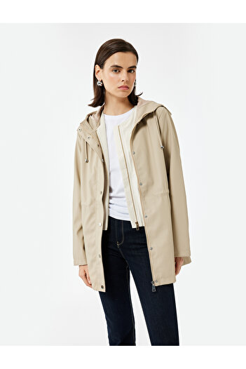 Koton Long Sleeve Zippered Hooded Raincoat with Pockets and Tieable Waist