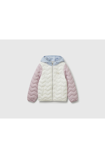 United Colors of Benetton Girl's Ecru-Lilac Glitter Logo Detailed Hooded Seasonal Thin Coat