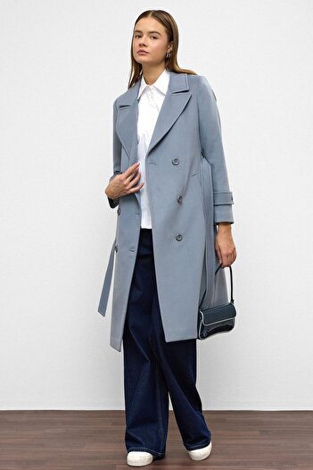 Olcay Waist-Tied Double-Breasted Medium-Length Coat Blue 3987-Y