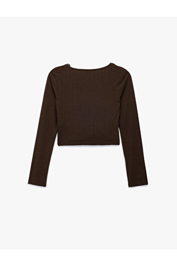 Koton Camisole Lace Detail V Neck Long Sleeve Button Asymmetrical Crop T-Shirt