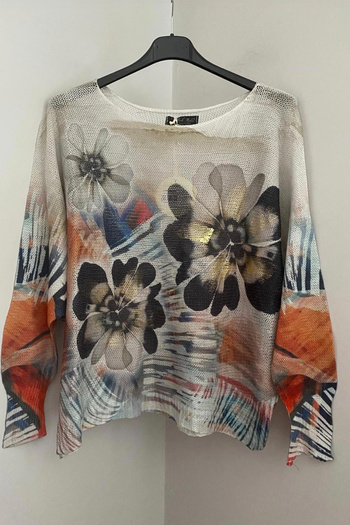 AYASOFYA OTANTIK Women's Italian Beige Butterfly Floral Patterned Leaf Detailed Batwing Sleeve Mercerized Blouse Sweater