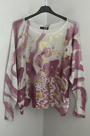 AYASOFYA OTANTIK Women's Italian Dusty Rose Batik Leaf Patterned Foil Detailed Batwing Sleeve Mercerized Blouse Sweater