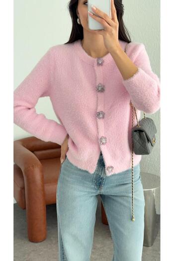 HAZELANNA Beaded Buttoned Pink Cardigan