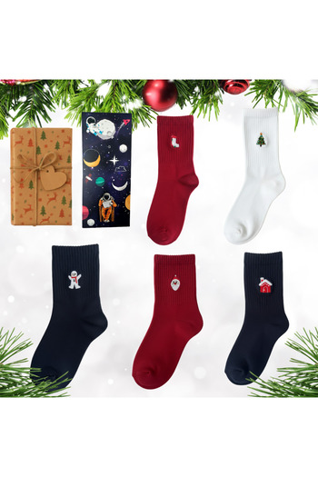AYDK Premium New Year's Theme Embroidered Socks Set of 6 – Summer and Winter Cotton Special Boxed Gift Socks