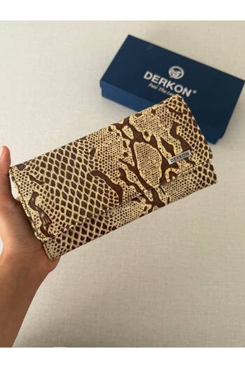DERKON Crocodile Patterned Genuine Leather Women's Wallet with Plenty of Eyelets Cream