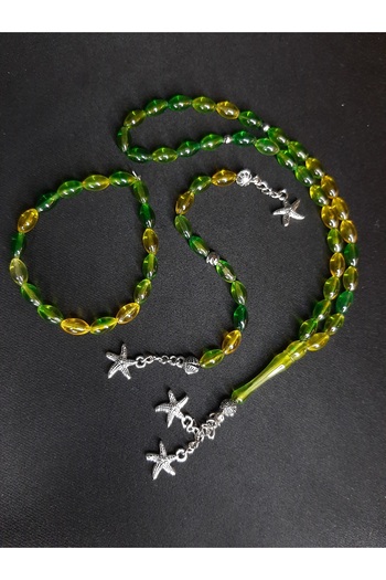 MRYart Powder Amber Prayer Beads, Zaza, Bracelet Set of 3 Green Yellow Color