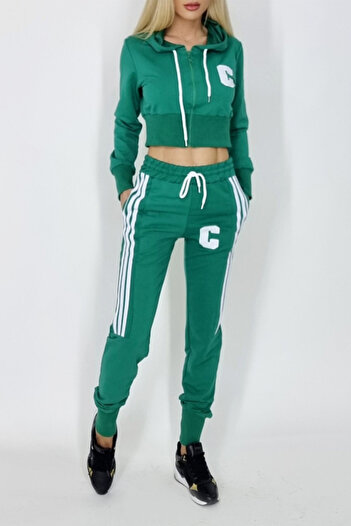 FashionForYou Catryna women's tracksuit, pants and short sweatshirt with zipper, Green, M