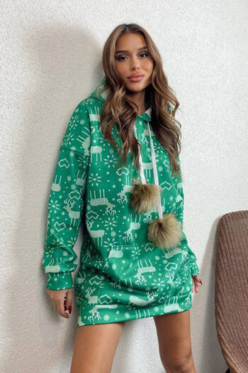 FashionForYou Ivona Christmas-themed sweatshirt dress with oversized tassels, Deer Heart, Green, M