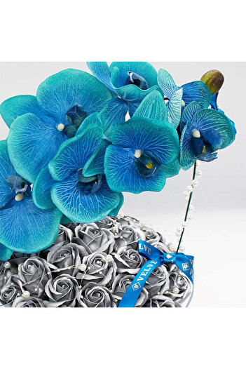 velve Wonderful floral arrangement in blue glow box, 37 soap roses, orchids, blue-silver