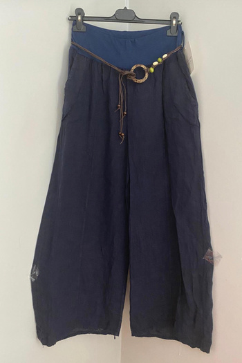 AYASOFYA OTANTIK Women's Navy Blue Italian Rope Belted Wide Leg Linen Trousers