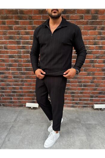 Baycombine35 Vertical Striped Ottoman Fabric Zipper Detailed Men's Tracksuit Set