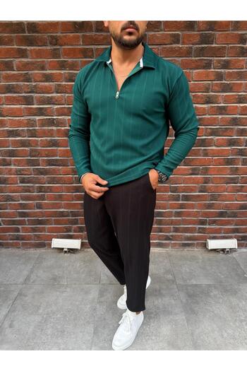 Baycombine35 Vertical Striped Ottoman Fabric Zipper Detailed Men's Tracksuit Set