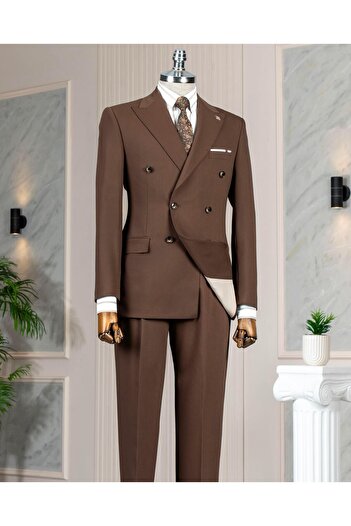 TerziAdemAltun Italian Style Double-Breasted Jacket Pants Suit Brown T14084