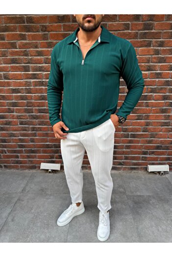 Baycombine35 Vertical Striped Ottoman Fabric Zipper Detailed Men's Tracksuit Set