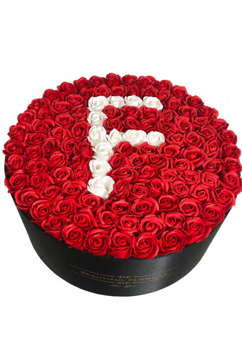 velve Personalized floral arrangement with letter, black round box with 135 soap roses,,Letter F