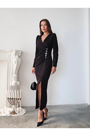 Afiş Butik Black Stone Printed Slit Dress