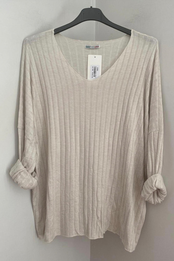 AYASOFYA OTANTIK Women's Italian Beige V-Neck Stripe Patterned Loose Knit Blouse
