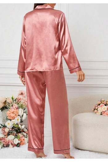 Star Fashion Women's satin pajamas, long-sleeved blouse and long pants, buttoned model